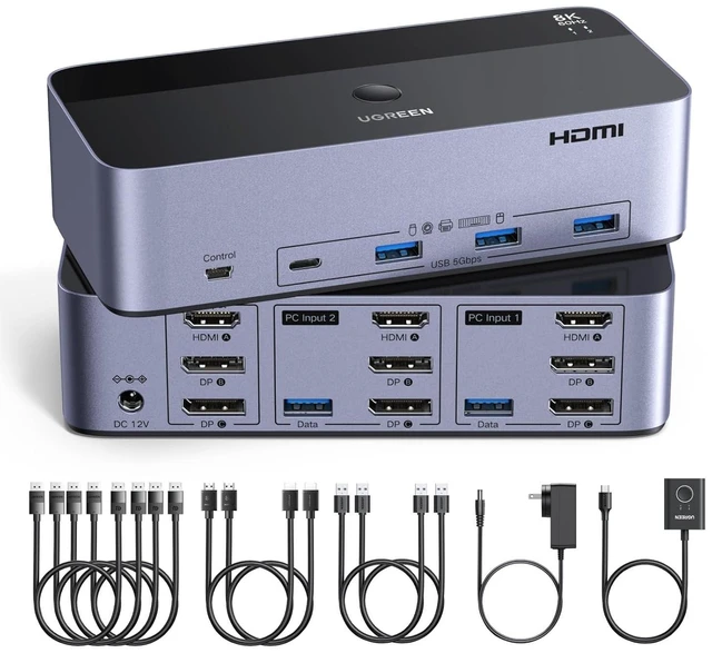 Main image of UGREEN 8K@60Hz HDMI Displayport KVM Switch 3 Monitors 2 Computers, Aluminum 4K@240Hz with 4 USB 3.0 Ports for 2 Computers Share Triple Monitors with 4 DP+2 HDMI+2 USB Cables/Power Adapter/Controller