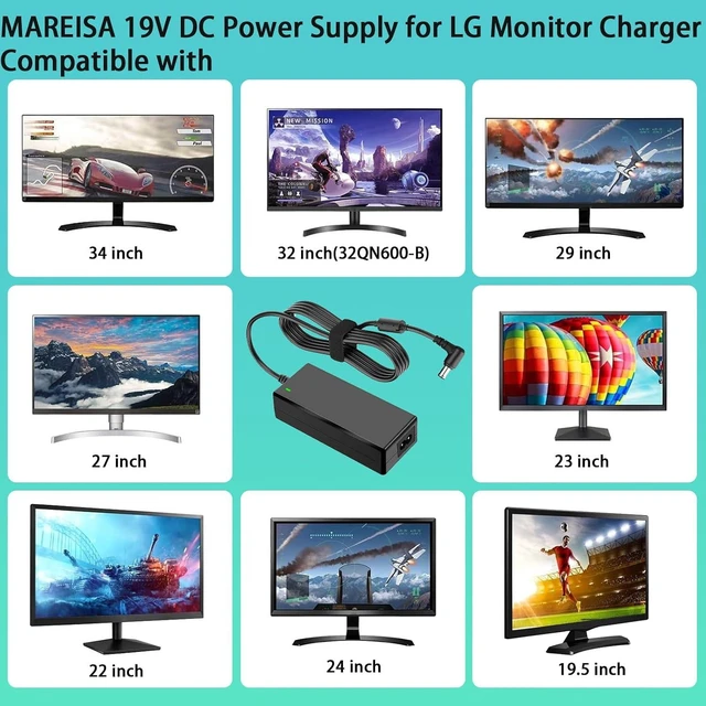 Alt view image 2 of 7 - for LG Monitor Power Supply 19V 3.42A Power Adapter Compatible with LG 34 32 29 27 24 23 22 20 19 LCD LED HD TV Monitor Charger Power Cord