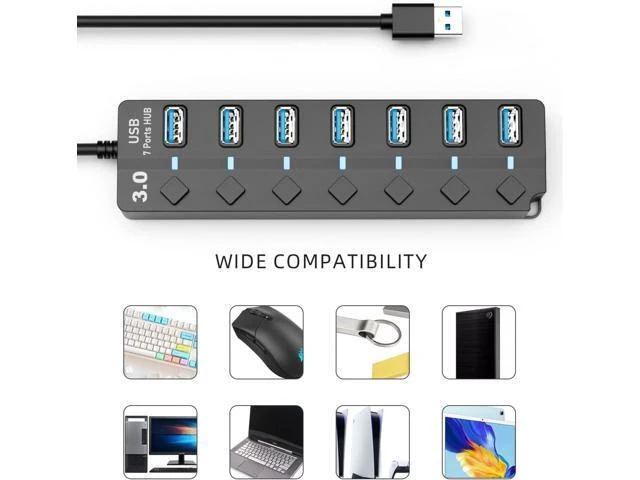 Alt view image 7 of 7 - USB 3.0 Hub, 7-Port with Individual On/Off Switches & LED Indicators, 5Gbps High-Speed Data Hub for Laptop, PC, MacBook, Surface Pro, PS5, HDD, Flash Drive (4ft Cable)