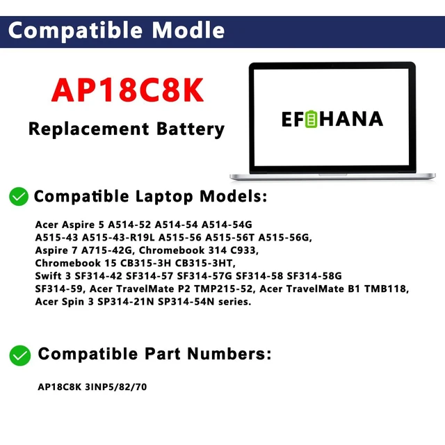Alt view image 3 of 5 - EFOHANA AP18C8K Laptop Battery Replacement for ACER Aspire 5 A514-52 A514-52-58U3 Chromebook 314 C933 Swift 3 SF314-42-R4XJ SF314-57 SF314-58 Series Notebook 11.25V 50.29Wh 4471mAh