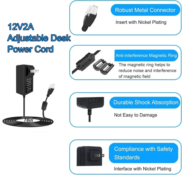 Alt view image 2 of 5 - 12V 2A Wall Plug-in Adjustable Desk Power Adapter for Single Motor Standing Desk, 12V Standing Desk Motor Power CordCompact Direct Plug Design, 24W Charger