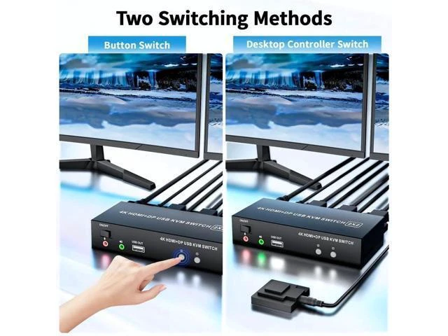Alt view image 2 of 7 - 2x2 Hybrid DP 1.4+HDMI Dual Monitor KVM Switch 4K@60Hz, USB 2.0 KVM Switcher with Audio Mic Port for 2 PCs Share 2 Displays Keyboard Mouse Printer