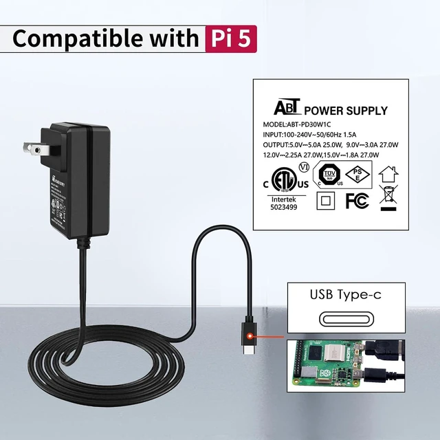 Alt view image 3 of 7 - 27W Power Supply for Raspberry Pi 5 PD Adapter USB C Power Adapter for Raspberry Pi 5 16GB/8GB/4GB/2GB