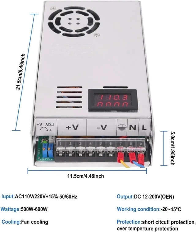 Alt view image 3 of 6 - 500W Universal DC Switching Power Supply 0-12V 15V 24V 36V 48V 60V 85V 200V LED Digital Display Power Supply for Computer Lab, LED Strip Light and So on(48V)