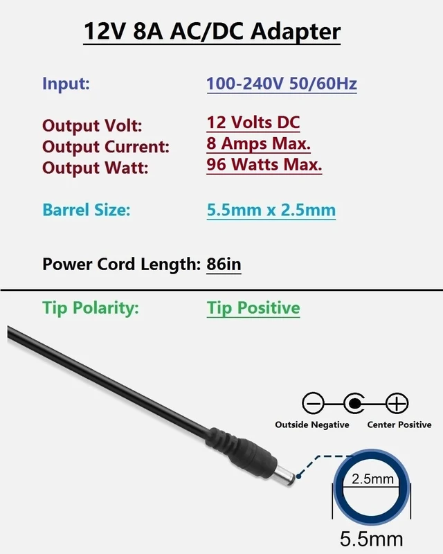 Alt view image 2 of 5 - 12V 8A 96W Power Supply Adapter, AC 100-240V 50-60Hz to DC 12 Volt 8 Amp Transformer, 12V Power Cord with 5.5mm x 2.5mm Barrel Plug Compatible with LED Strip Lights