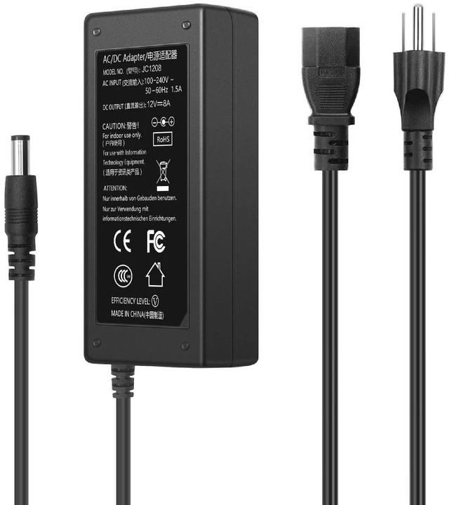 Main image of 12V 8A 96W Power Supply Adapter, AC 100-240V 50-60Hz to DC 12 Volt 8 Amp Transformer, 12V Power Cord with 5.5mm x 2.5mm Barrel Plug Compatible with LED Strip Lights