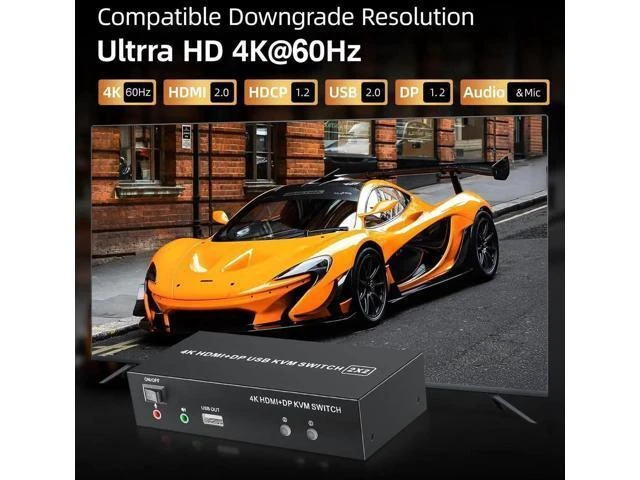 Alt view image 7 of 7 - 2x2 Hybrid DP 1.4+HDMI Dual Monitor KVM Switch 4K@60Hz, USB 2.0 KVM Switcher with Audio Mic Port for 2 PCs Share 2 Displays Keyboard Mouse Printer