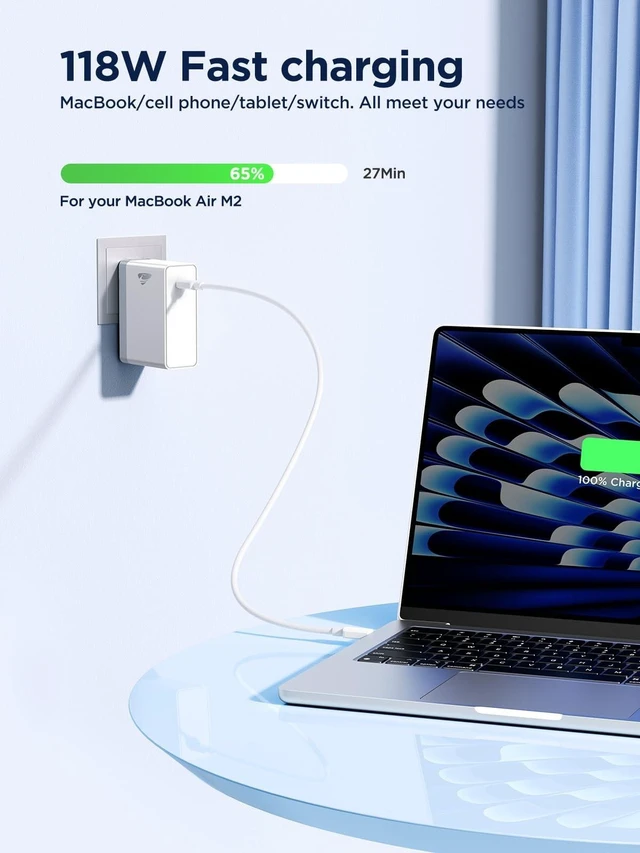 Alt view image 4 of 5 - MacBook Charger-118W GaN USB C Charger Fast Charging Power Adapter PD Laptop Charger for MacBook Pro/Air, iPad Pro, iPhone 17 16 15, Samsung Galaxy, and All Type C USB-C Devices