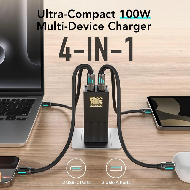 Alt view image 3 of 5 - MFish 100W USB C Charger, Foldable Fast Laptop GaN Charger, 4-Port USB C Wall Charger Power Adapter Ports for MacBook Pro 17, 16'', Dell XPS, iPhone 17/16/15 Pro Max, 6-in-1 Power Strip