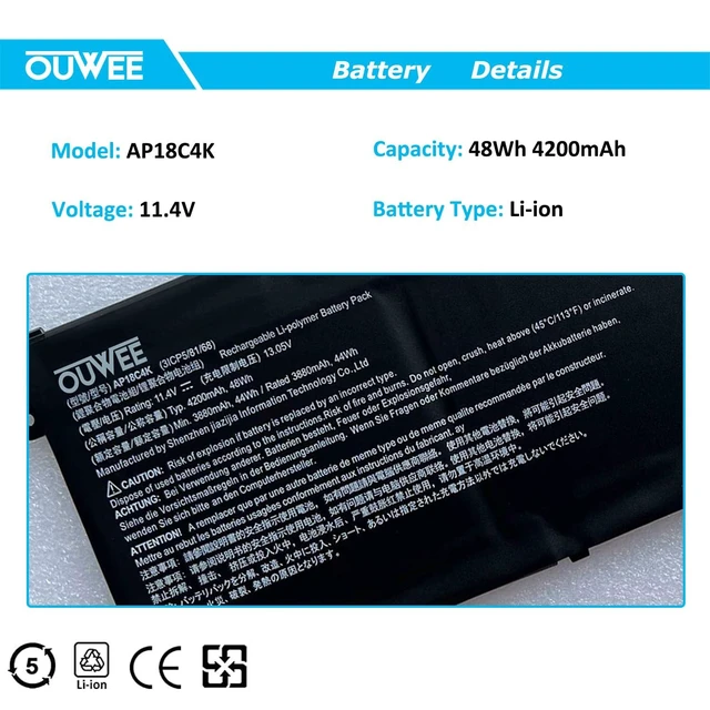Alt view image 3 of 5 - OUWEE AP18C4K Laptop Battery Compatible with ACER Aspire 5 A515-43 Spin 3 SP314-54N Series Notebook 11.4V 4200mAh 48Wh