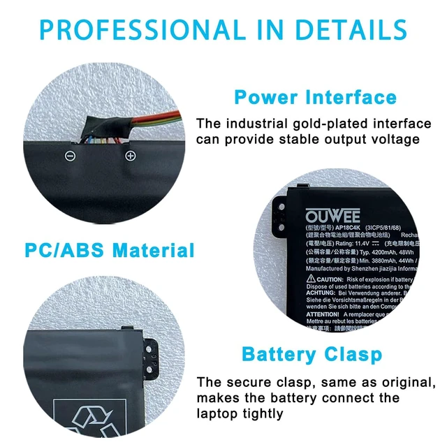 Alt view image 4 of 5 - OUWEE AP18C4K Laptop Battery Compatible with ACER Aspire 5 A515-43 Spin 3 SP314-54N Series Notebook 11.4V 4200mAh 48Wh