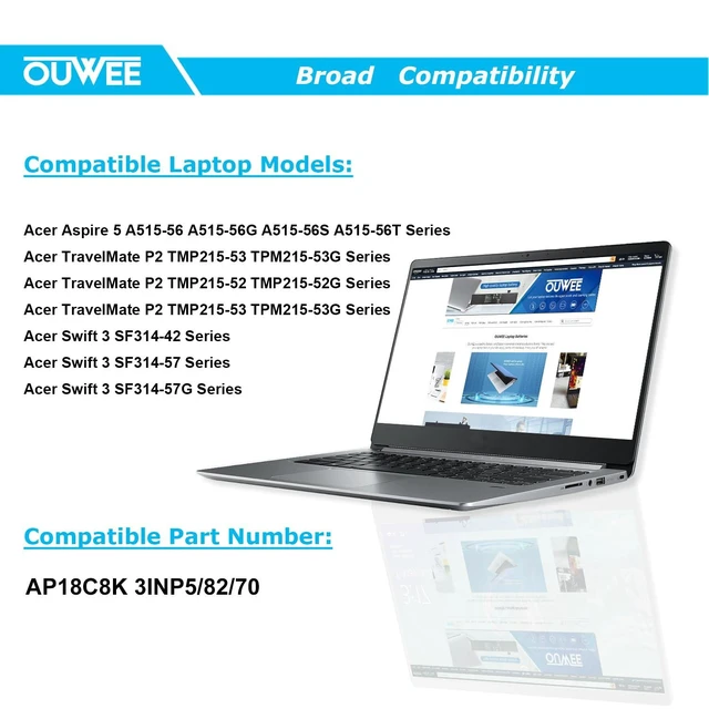 Alt view image 5 of 5 - OUWEE AP18C4K Laptop Battery Compatible with ACER Aspire 5 A515-43 Spin 3 SP314-54N Series Notebook 11.4V 4200mAh 48Wh