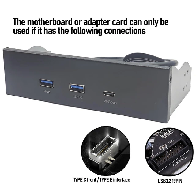 Alt view image 9 of 14 - 5.25 Inch Front Panel USB Hub, Internal USB Hub with 20Gbps USB3.2 Gen2 USB C and USB A Ports, USB Type E Key A 19 Pin Header, Optical Drive Extension Panel for PC