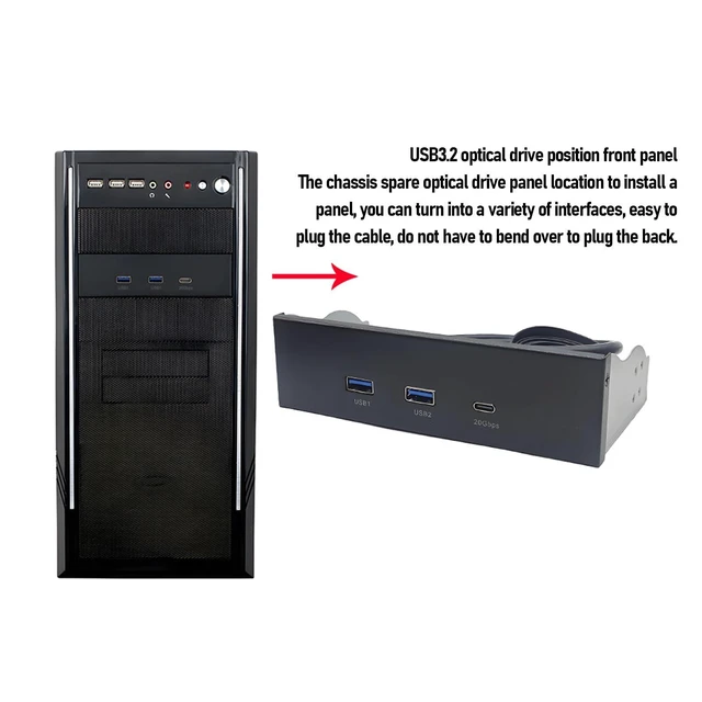 Alt view image 10 of 14 - 5.25 Inch Front Panel USB Hub, Internal USB Hub with 20Gbps USB3.2 Gen2 USB C and USB A Ports, USB Type E Key A 19 Pin Header, Optical Drive Extension Panel for PC