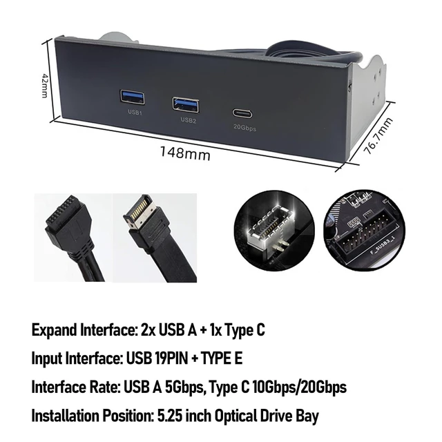 Alt view image 11 of 14 - 5.25 Inch Front Panel USB Hub, Internal USB Hub with 20Gbps USB3.2 Gen2 USB C and USB A Ports, USB Type E Key A 19 Pin Header, Optical Drive Extension Panel for PC