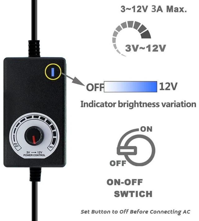 Alt view image 8 of 12 - 36W 12V PC Fan Power Supply,4 Cooling Fan Speed Controller,100-240vAC to 3-12vDC Adjustable 3A Power Adapter,with Fan Splitter Cable,DC Female to 4 x 3/4 Pin, Multi-Functional