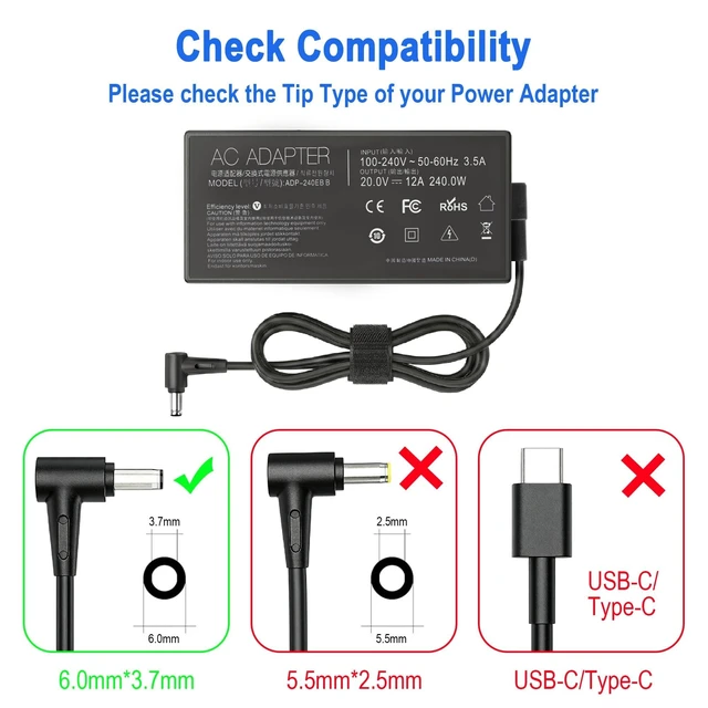 Alt view image 3 of 5 - 240W 230W Laptop Charger Compatible with Asus ROG Strix Scar 15 17 G15 G17 TUF F17 F16 F15 A17 A15 Vivobook Pro 16X 15X Flow X16 Zephyrus Duo 15 S M16 G14 G15 G16 S17 GA401 GA402 GA503 Power Adapte