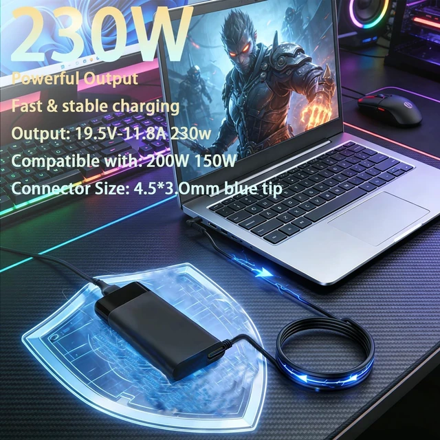 Alt view image 5 of 5 - Gaming Laptop Charger 230w 200w Replacement for Hp Omen 15 16 17 Transcend Victus 15 16 Pavilion Gaming/Envy/Zbook Fury 17 16 G9 g10 g8 Tpn-La10 M41303-001ac Power Cord Adapter (19.5v 11.8a)