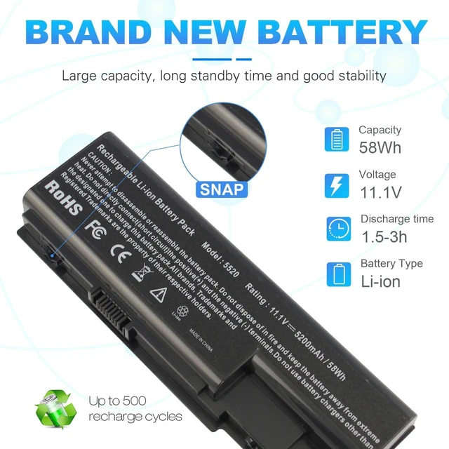 Alt view image 3 of 5 - Laptop Battery for Gateway NV73 NV74 NV78 5920G NV79, for Acer AS07B31 AS07B51 AS07B41 AS07B42 AS07B32 AS07B61 AS07B71 AS07B72 AS07B52 ICL50 ICY70 ICW50, Acer Aspire 5920 5315 5520 6930 7520 7720