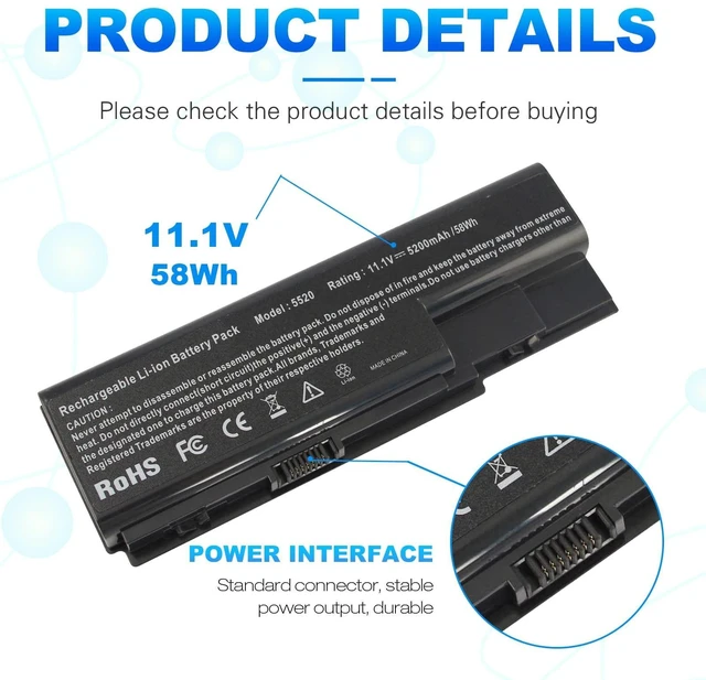 Alt view image 2 of 5 - Laptop Battery for Gateway NV73 NV74 NV78 5920G NV79, for Acer AS07B31 AS07B51 AS07B41 AS07B42 AS07B32 AS07B61 AS07B71 AS07B72 AS07B52 ICL50 ICY70 ICW50, Acer Aspire 5920 5315 5520 6930 7520 7720