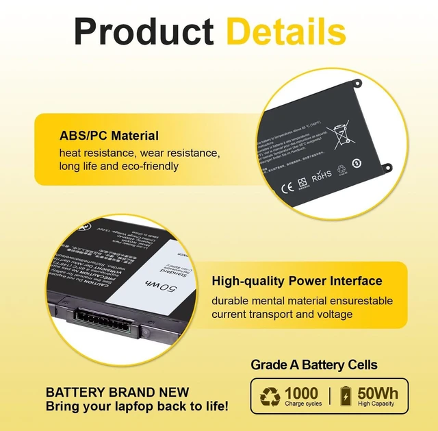 Alt view image 3 of 5 - iROCCMIN 4400mAh 50Wh WDX0R Laptop Battery Replacement for Dell Inspiron 13/15/17 5000/7000 (5368 5378 7378 5568 5578 5580 5767 5770), Latitude 3180-3590, Vostro 5568 5468 Compatible WDXOR P69G 3CRH3