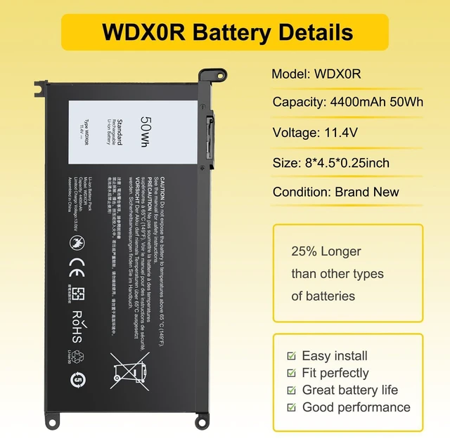 Alt view image 2 of 5 - iROCCMIN 4400mAh 50Wh WDX0R Laptop Battery Replacement for Dell Inspiron 13/15/17 5000/7000 (5368 5378 7378 5568 5578 5580 5767 5770), Latitude 3180-3590, Vostro 5568 5468 Compatible WDXOR P69G 3CRH3