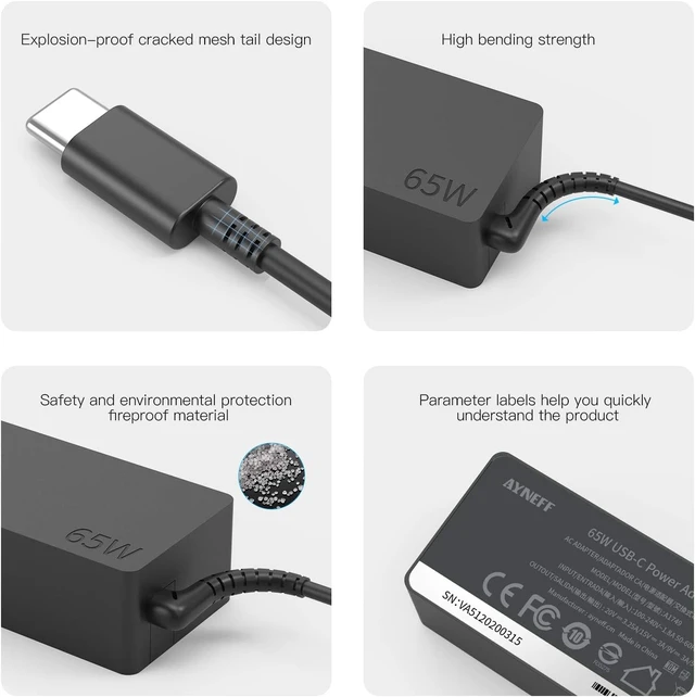 Alt view image 6 of 7 - AYNEFF 65W USB-C Laptop Charger, Chromebook Charger Compatible with Lenovo Chromebook C330 S330 100e 300e 500e Yoga C930 C940 720 ThinkPad T480 T490 T570 T580 with 5.9ft DC USB C Charging Cable