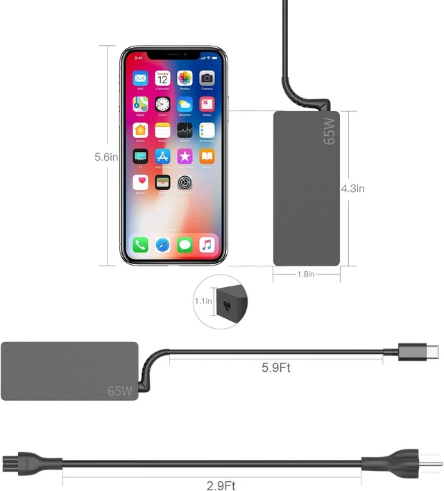 Alt view image 7 of 7 - AYNEFF 65W USB-C Laptop Charger, Chromebook Charger Compatible with Lenovo Chromebook C330 S330 100e 300e 500e Yoga C930 C940 720 ThinkPad T480 T490 T570 T580 with 5.9ft DC USB C Charging Cable
