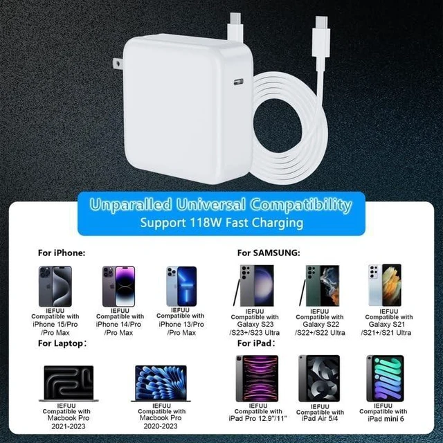Alt view image 2 of 5 - IEFUU 118W USB C Laptop Charger Compatible with MacBook Pro/MacBook Air 2022^^2021^^2020^^2019^^2018,Type-C PD Power Adapter Compatible with iPhone 16 Pro Max iPad Pro Air with 6.6ft C-C Fast Charge C