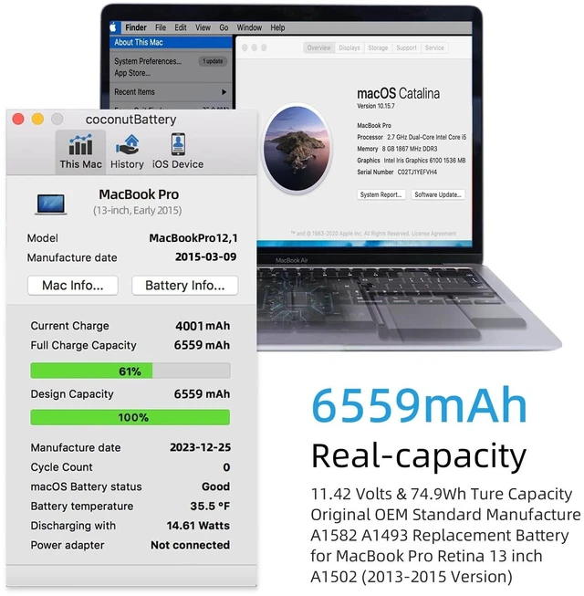 Alt view image 2 of 5 - JGTM A1502 Battery Replacement, A1582 A1493 Battery for MacBook Pro Retina 13 Inch (Late 2013 Mid 2014 Early 2015) EMC: 2678 2875 2835 11.42V 74.9Wh