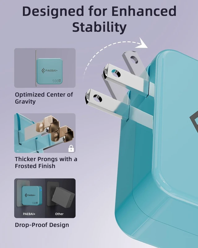 Alt view image 5 of 5 - Mac Book Pro Charger PAEBAI+ 100W USB C Charger GaN Foldable Compact Wall Fast Charger for MacBook Air, iPhone 16 15 Series, Samsung Galaxy, iPad Pro and All USB-C Devices, 6.6ft Type C Cable