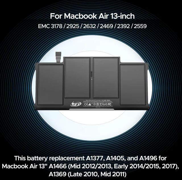 Alt view image 2 of 5 - Key Power A1466 Battery, 13 inch MacBook Air Battery Replacement for A1466 (Mid 2012/2013, Early 2014/2015, 2017), A1369 (Late 2010, Mid 2011), Compatible Laptop Models A1496 A1377 A1405
