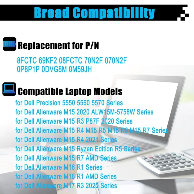 Alt view image 3 of 5 - AOMKA 8FCTC Laptop Battery Replacement for Dell XPS 15 9500 Precision 5550 Alienware M15 R3 R4 M17 R3 R4 Series Notebook 69KF2 08FCTC 70N2F 070N2F 0P8P1P 0DVG8M 0M59JH 11.4V 56Wh 4650mAh