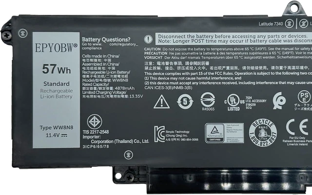 Alt view image 2 of 5 - WW8N8 Laptop Battery 57Wh 4878mAh 11.4V Compatible with DELL Latitude 7340 7350 7440 7450 7640 7650 Series Notebook FH97R 0HYH8 0CTJJ6 2ICP6/65/78 3ICP6/65/78