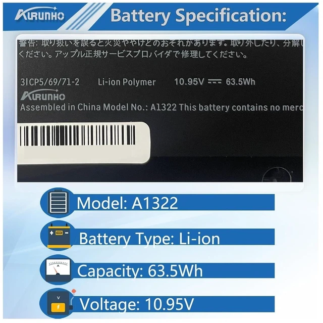 Alt view image 2 of 5 - AURUNHO A1322 A1278 Laptop Battery Replacement for MacBook Pro 13 inch Unibody Mid 2009 2010 2012 Early 2011 Late 2011 A1278 63.5Wh 10.95V