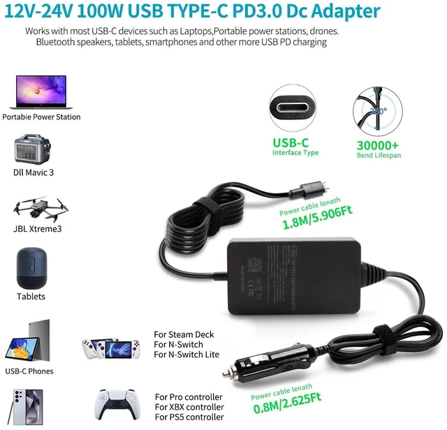 Alt view image 12 of 14 - HSXIRQA 100W Car Laptop Charger USB C Compatible with MacBook HP Dell Acer Asus Lenovo Thinkpad Nimo MSI LG Samsung Surface pro 10 9 8 Google Chromebook, iPad ROG Ally Steam Deck Type-C Devices
