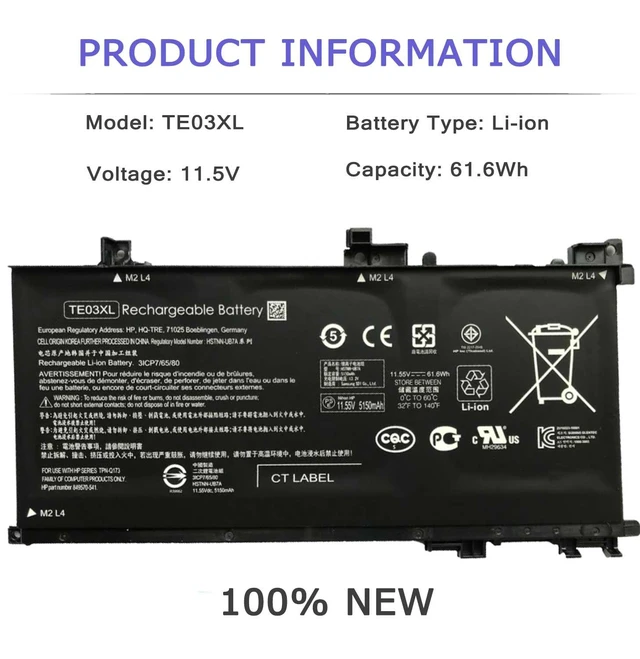 Alt view image 2 of 5 - Hecales TE03XL Battery TE03061XL for HP Omen 15-ax000:15-ax033dx 15-ax210nr 15-ax001ns;HP Pavilion 15-bc000:15-bc008tx and More 849910-850 849570-541 542 543 HSTNN-UB7A TPN-Q173-11.55V 61.6Wh 3-Cell