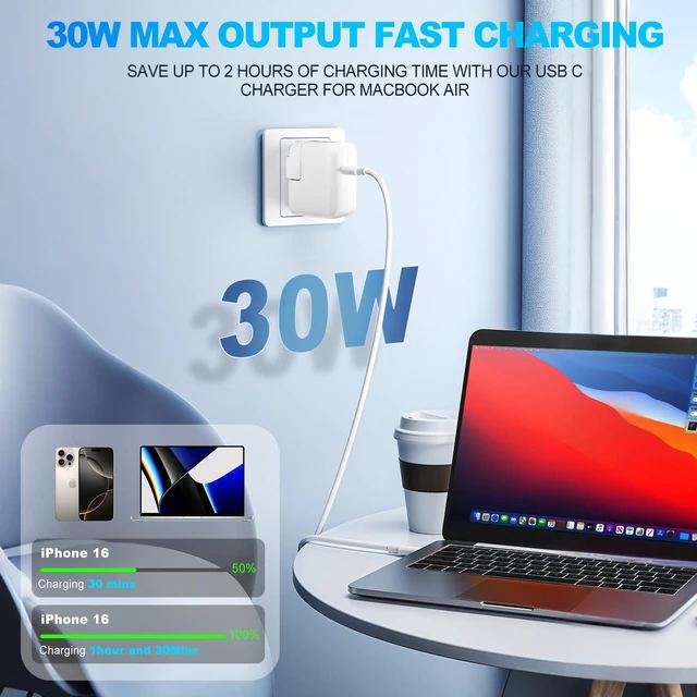 Alt view image 2 of 5 - MacBook Pro Charger,30W MacBook Air Charger Fast Charging USB C Laptop Power Adapter,10FT Quick USB C Charging Cord for Mac Book Pro 16/15/14/13inch 2024/2023/2022/2021/2020/2019/M1 M2 M3 Mac Book Air