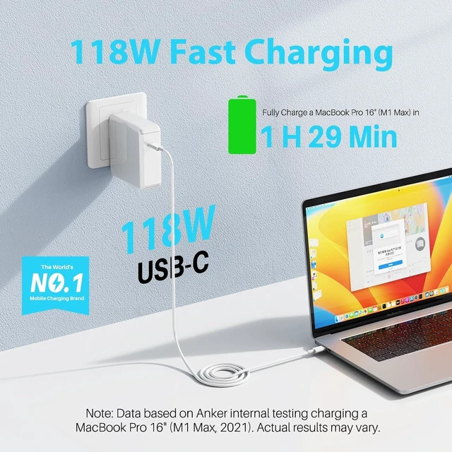 Alt view image 4 of 7 - Mac Book Pro Charger 118W 96W USB C Fast Charger Compatible with MacBook Air MacBook Pro 13 14 15 16 inch 2025 2024 2023 2022 2021 2020 M1 M2 M3 M4 Laptop