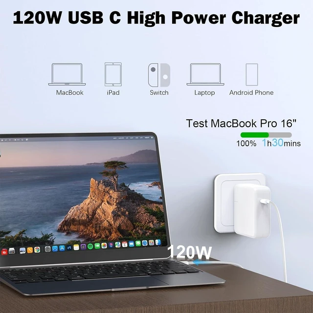 Alt view image 2 of 7 - Mac Book Pro Charger - 120W USB C Fast Charger Adapter Compatible with MacBook Pro & MacBook Air 13 14 15 16 inch iPad Pro Galaxy and All USB C Device