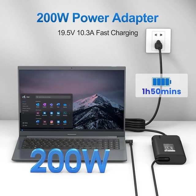 Alt view image 2 of 7 - 200W Laptop Charger for HP Omen 15 17 Victus Pavilion Gaming Laptop 15 17 ZBook Fury Create Studio Envy 15 2020 TPN-DA10 Power AC Adapter