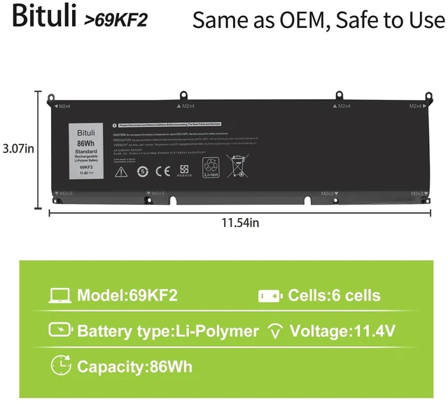 Alt view image 2 of 5 - Bituli 69KF2 Battery Replacement for Dell G7 15 7500 G15 5510 5511 5515 5520 5521 XPS 15 9500 9510 9520 Precision 5550 5560 5570 Alienware M15 R3 R4 M17 R3 R4 7510 7610 7620 P87F P91F P45E