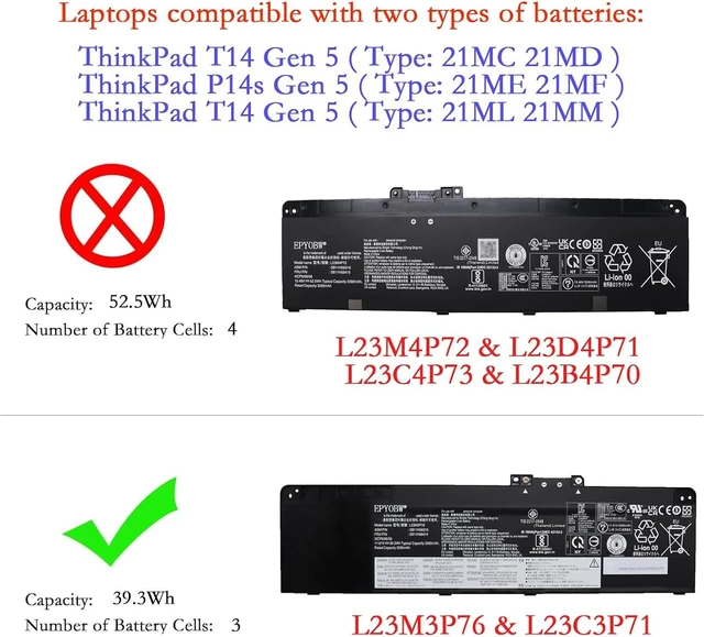Alt view image 2 of 6 - L23C3P71 Battery 39.3Wh 3392mAh 11.61V Compatible with Lenovo ThinkPad P14s Gen 5 / T14 Gen 5 Series L23C4P73 L23B4P70 L23D4P71 L23M3P76 L23M4P72