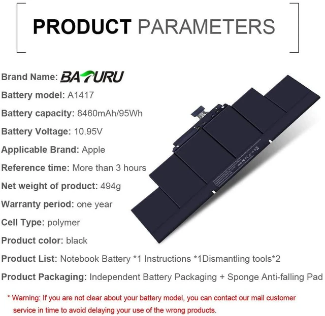 Alt view image 7 of 7 - BYTEC A1417 Laptop Battery Compatible with MacBook Pro 15" Retina A1398(Only for 2012 Early 2013 Version) MC975 MC976 ME664 ME665 MD831 020-7469-A