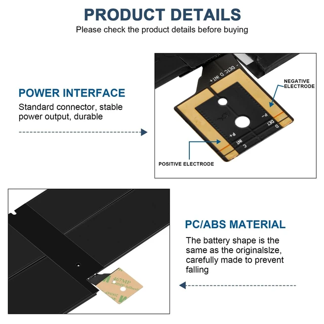 Alt view image 3 of 5 - G3HTA038H DYNM02 Battery for Microsoft Surface Pro 5th (Model 1796, 2017),Surface Pro 6(Model 1807/1809/1796, 2018) 12.3" 2-in-1, Core i5 i7 m3 Series with Tools For surface pro 5 battery 7.57V 45Wh