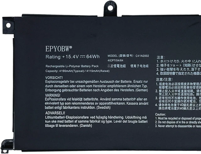 Alt view image 2 of 3 - C41N2002 Laptop Battery 64Wh 4190mAh 4-Cell 15.4V Compatible with Asus ZenBook Pro 15 UX535 UX535L UX535LH UX535LI Series 0B200-03770100 4ICP7/54/64