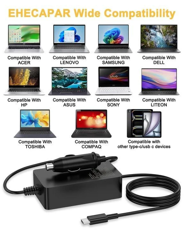 Alt view image 11 of 14 - 118W USB-C Car Laptop Charger Compatible with HP Spectre/Elitebook,Dell Latitude/XPS,Lenovo ThinkPad/Yoga/IdeaPad,MacBook Pro/Air,Acer Chromebook/Swift,Google,iPad,Samsung Galaxy Power Cord