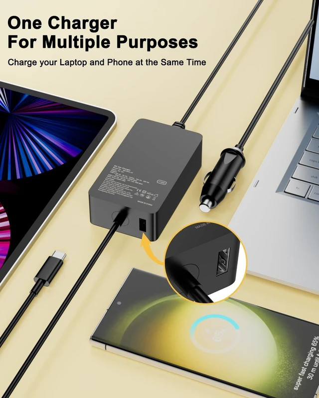 Alt view image 13 of 14 - 118W USB-C Car Laptop Charger Compatible with HP Spectre/Elitebook,Dell Latitude/XPS,Lenovo ThinkPad/Yoga/IdeaPad,MacBook Pro/Air,Acer Chromebook/Swift,Google,iPad,Samsung Galaxy Power Cord