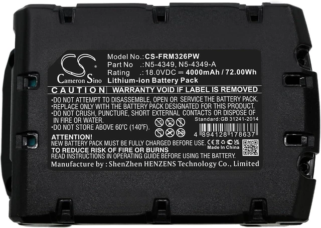 Alt view image 5 of 5 - Replacement for Battery Compatible Fromm N5-4349, N5-4349-A, P318, P326, P327, P328, P329 (4000mAh/18.0V)