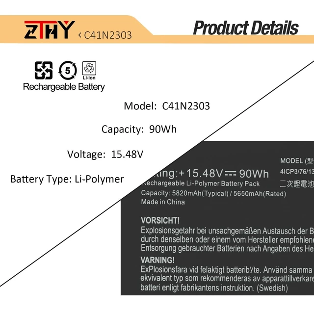 Alt view image 3 of 5 - 90Wh C41N2303 Battery Replacement for Asus ROG Zephyrus G16 GA605 GA605WI GU605 GU605MI GU605MU GU605MV GU605MY GU605MZ TUF Gaming A16 FA608 FA608WI FA608WU FA608WV FA608FM ProArt P16 H7606WI H7606WV
